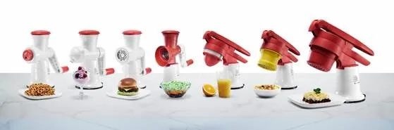Linha completa do Fusion Master System: Modelador, Sorveteira, Moedor e Recheador, Ralador/Fatiador/Raspadinha, Espremedor de Cítricos, Cortador e Amassador (da esquerda para a direita)
